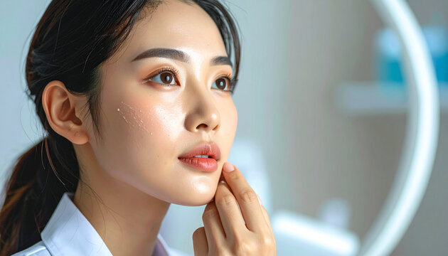 Woman Examining Facial Skin in Mirror