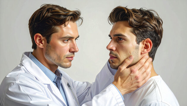 Doctor examining male patient neck in medical setting