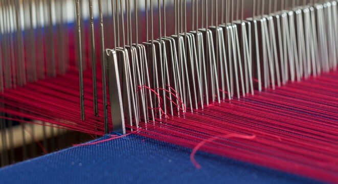 Weaving loom with red yarn on blue fabric close-up