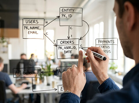 Professional Software Engineer Drawing Entity Relationship Diagram on Glass Board in Modern Tech Office Space