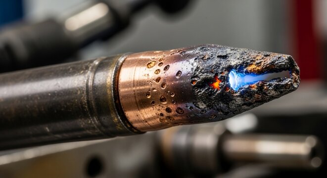 Close-up of a burning torch with a blue flame and soot
