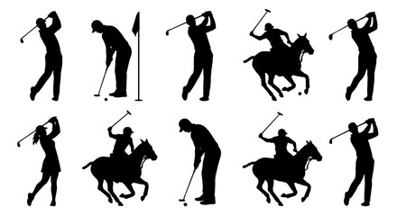 Silhouette Vector Icons: Golfers Swinging and Polo Players on Horseback, Sports Action Graphics, Athletic Competition, Outdoor Recreation © samima