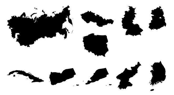 World Map Silhouettes: Eastern Europe and Asia Country Outlines, Global Geography Vector Collection for Travel and Business