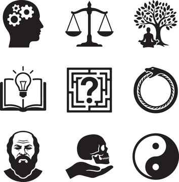 Philosophy and psychology icon set, 9 black vector symbols of wisdom and logic, ancient greek philosopher and spiritual concepts for education