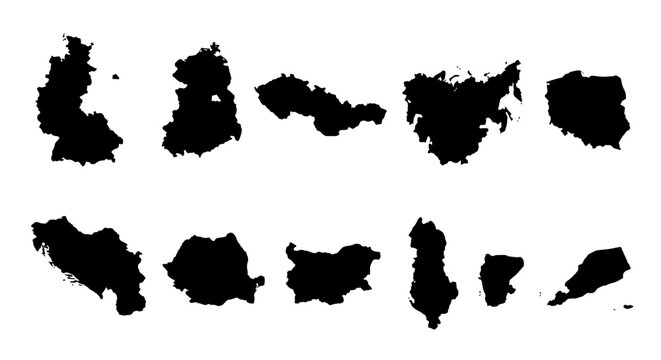 European Country Silhouettes Collection, Eastern Europe Map Shapes, Balkan Region Geography, Black Outline Vectors for Travel and Politics