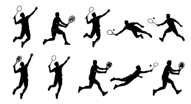 Dynamic Tennis Player Silhouettes, Action Poses Vector Set, Sports Athlete Movement Graphics, Professional Game Illustration