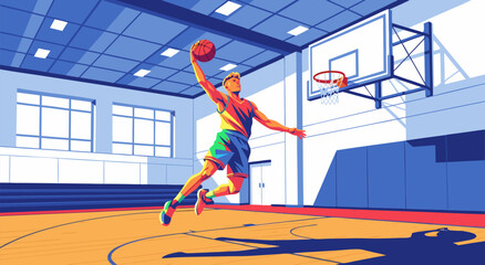 Dynamic basketball player slam dunking vector illustration for sports event design background featuring athletic court action art © DOLARRIZ JHON