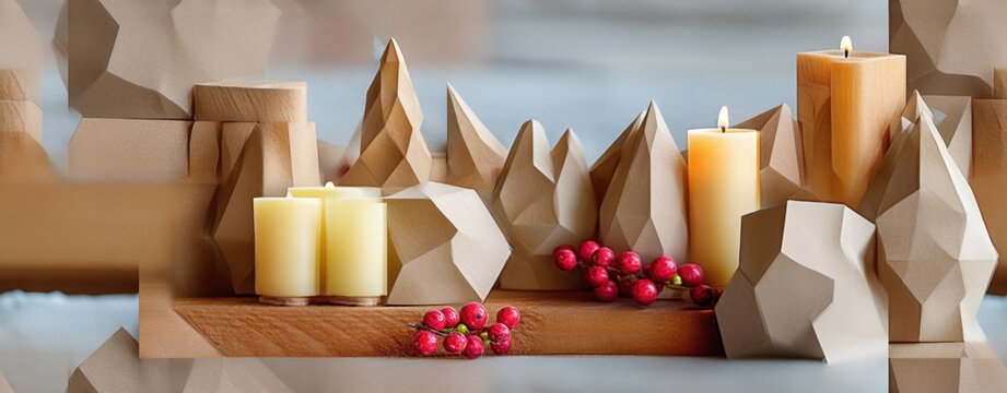 Data Compression Art Decorative arrangement of geometric paper sculptures candles and red berries on wooden surface a data compression funnel