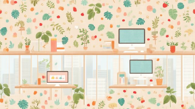 Data Compression Art Modern workspace interior with colorful botanical wall art, wooden desks, and computer monitors in bright office environment a data compression funnel
