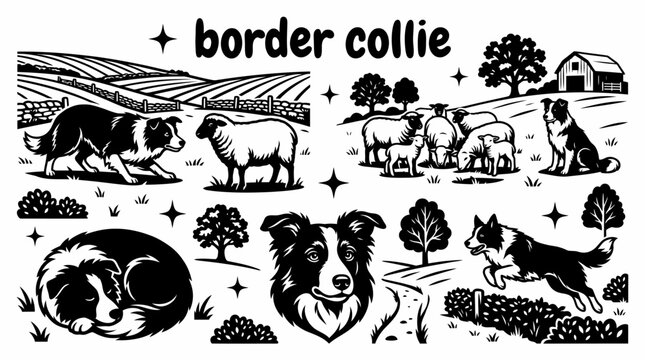 intelligent border collie standing across a wide sheep pasture with rolling green hills wooden fences open grassland and peaceful agricultural scenery creating classic working farm environment vector