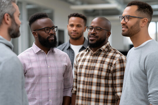 Group of friends talking in an office setting