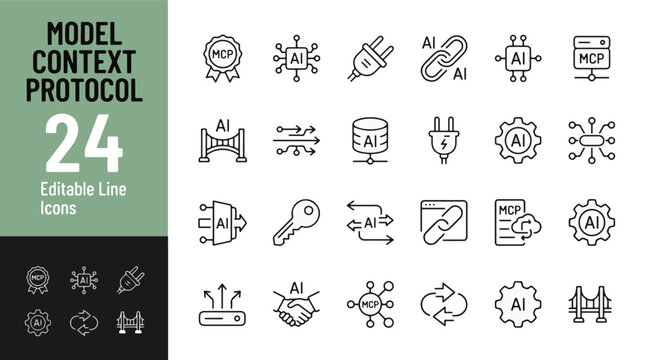 Model Context Protocol MCP line icon set featuring artificial intelligence AI integration, cloud computing, data connection, network automation, digital transformation, and API communication icons.