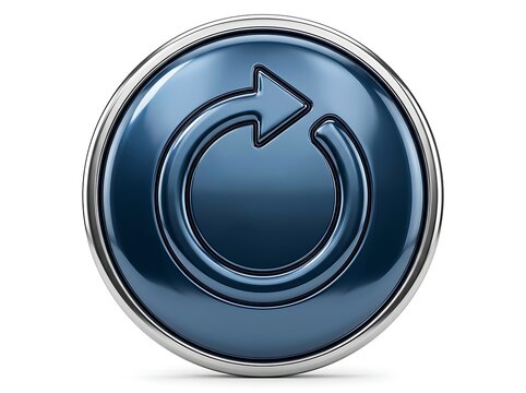 Blue metallic refresh icon with chrome trim isolated on white circular arrow symbol