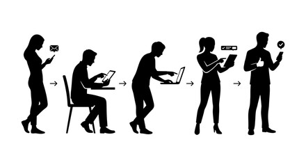 Obraz premium Digital Technology Evolution, Human Interaction with Devices, Silhouette Progression, Communication and Connectivity, Modern Lifestyle Vector