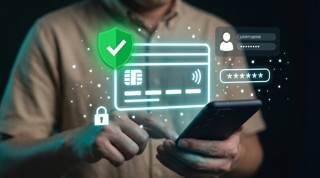 Mobile Banking and Secure Online Payment Concept. Smartphone User with Digital Credit Card Interface, Password Login and Data Protection Shield