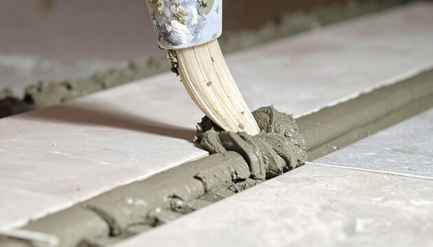 Applying gray grout between tiles on floor