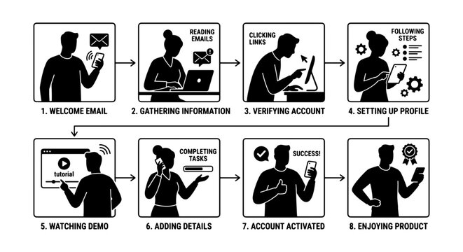 User Onboarding Process Vector Icons, Digital Workflow Steps, Account Activation Sequence, Online Service Engagement, 8-Step Tutorial Graphics