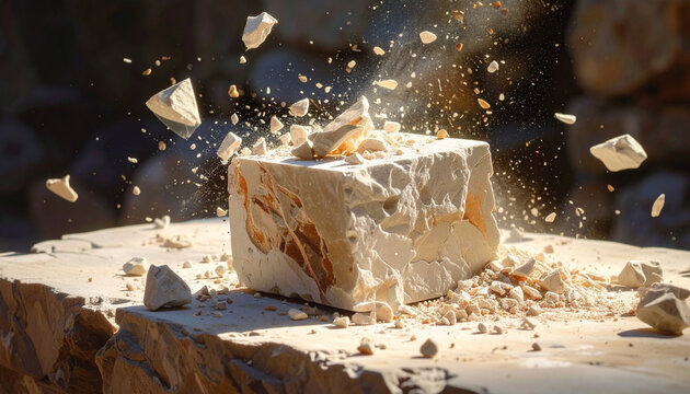 White marble block exploding into pieces on stone surface