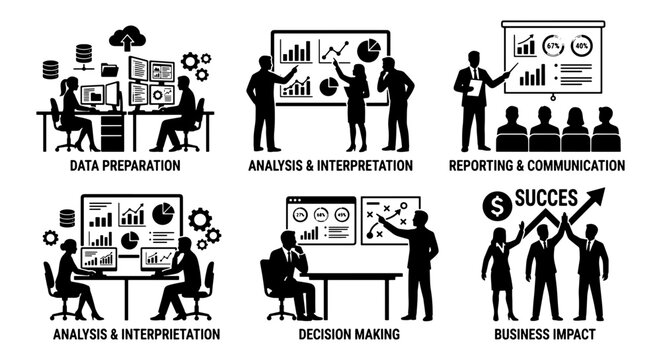 Business Data Analysis Icons, Workflow Process Illustrations, Decision Making Graphics, Reporting & Communication Vector Set