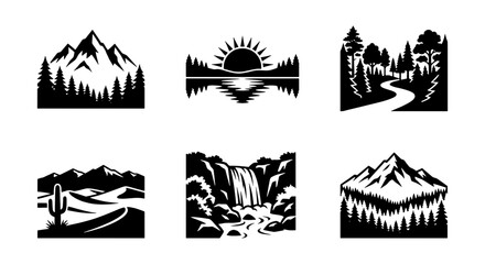 Black and White Vector Landscape Icons Set: Mountains, Forests, Waterfalls, Deserts, Sunsets, Rivers for Nature and Outdoor Themes © sifat