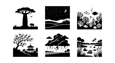 Fototapeta premium Nature Landscape Icons Set, Silhouette Scenes of Wildlife, Flora, Weather, and Aquatic Ecosystems, Vector Graphics for Environmental Concepts