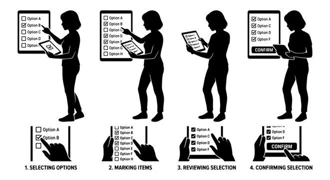 Vector Set: User Interface Workflow Steps, Option Selection, Data Input, and Confirmation Icons, Silhouette Figures