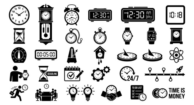 Diverse Timekeeping Icons Collection: Clocks, Watches, Sundials, Hourglasses, Timers, and Calendars for Business and Lifestyle Concepts