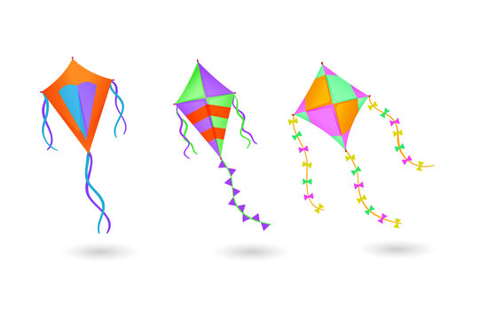 Three colorful diamond shaped kites with long ribbon tails and decorative bows in flat style isolated on a transparent background
