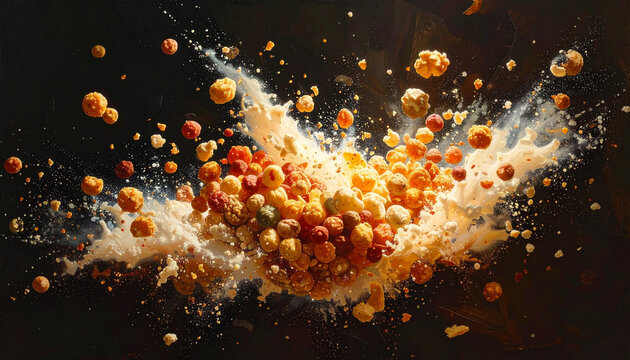 Explosion of colorful cheese puffs in mid air