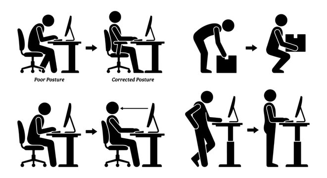 Ergonomic Posture Guide: Sitting, Lifting, and Standing Desk Correctness, Human Body Alignment for Health and Safety, Vector Icons
