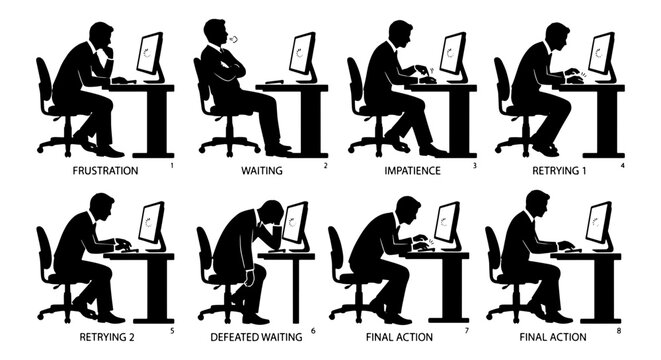 Office Worker Emotions Set: Frustration, Waiting, Boredom, Rethinking, Defeated, Final Action, Computer Work, Silhouette Icons