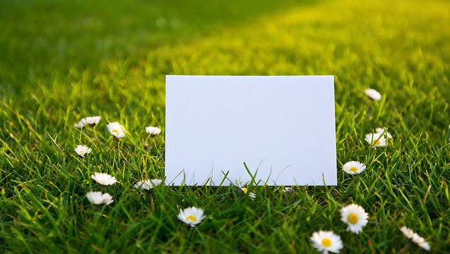 Blank white card in sunny green grass with daisies