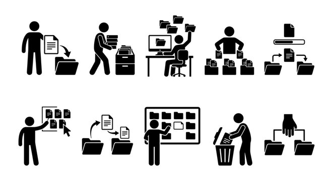 Stick Figure Data Management Icons, Digital File Organization Set, Information Archiving and Sorting Vector Graphics