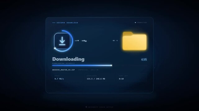 Secure digital file download progress interface with glowing folder animation