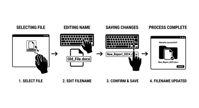 File Management Workflow: Select, Edit Filename, Save Changes, Process Complete, Digital Interface Icons, Step-by-Step Guide, Computer Screen Visuals