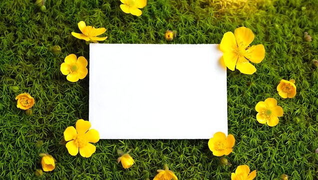 Blank white card in sunny green grass with daisies