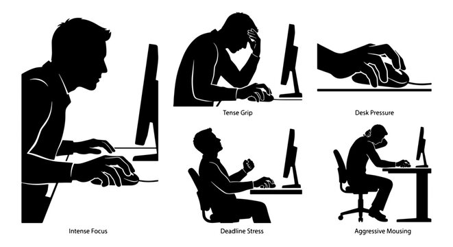 Ergonomic Posture and Computer Use Icons, Stress and Focus Silhouettes, Office Worker Actions, Vector Set