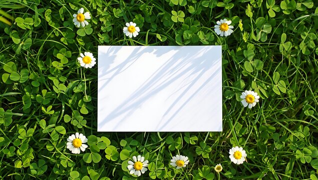 Blank white card in sunny green grass with daisies