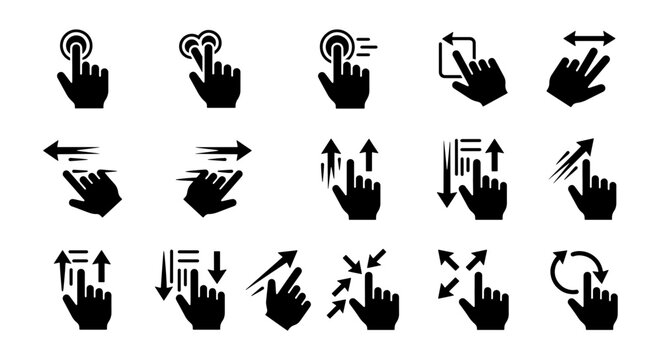 Hand Gestures Vector Icons Set: Touchscreen Navigation, Swipe, Pinch, Zoom, Rotate, Scroll Actions for Digital Interfaces
