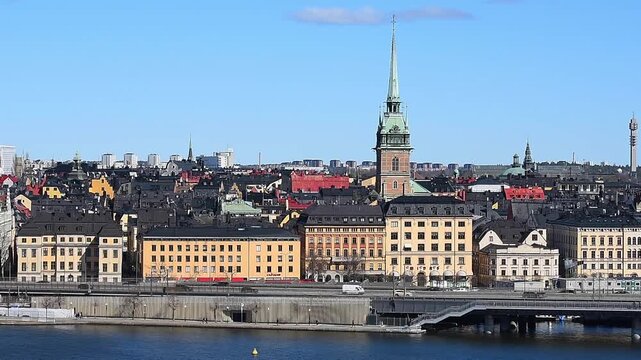 Stockholm skyline in Sweden showcasing Scandinavian architecture and the historic Gamla Stan, featuring medieval buildings, narrow cobblestone streets, and a picturesque cityscape.