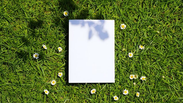 Blank white card in sunny green grass with daisies