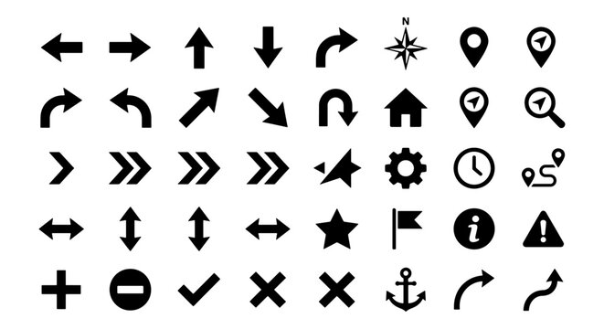 Navigation Icons Set, Directional Arrows and Map Pointers, Location Markers and UI Symbols, Vector Graphics for Web and App Design