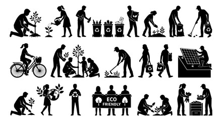 Obraz premium Eco-Friendly Lifestyle Icons: People Planting Trees, Recycling, Cycling, and Gardening, Sustainable Living Vector Set