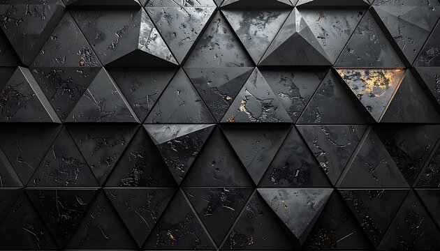 Abstract geometric dark background with triangular pattern, textured surface with metallic sheen and scattered sparkling particles, futuristic digital design with subtle glowing elements