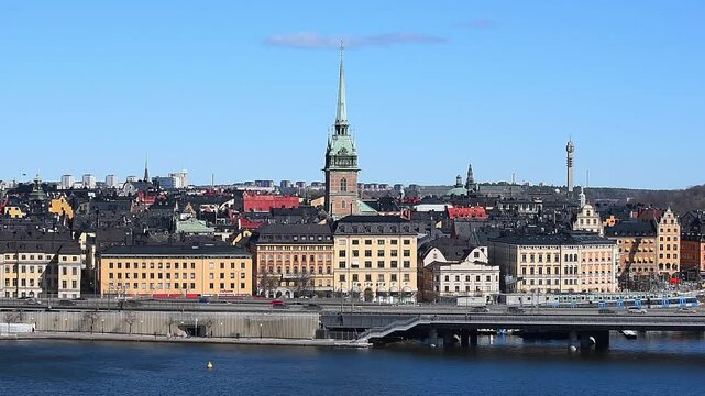 Stockholm skyline in Sweden showcasing Scandinavian architecture and the historic Gamla Stan, featuring medieval buildings, narrow cobblestone streets, and a picturesque cityscape.