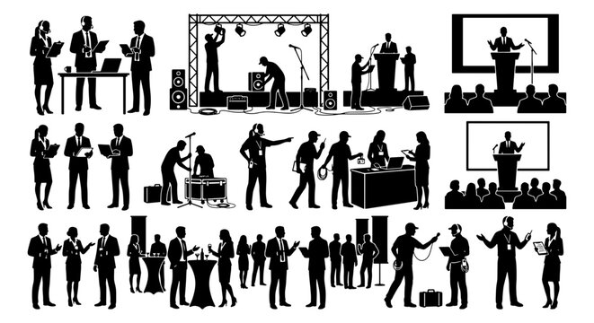 Business Presentation and Event Silhouettes: Speaker, Audience, Stage Setup, DJ, Conference Icons