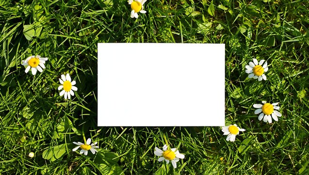 Blank white card in sunny green grass with daisies