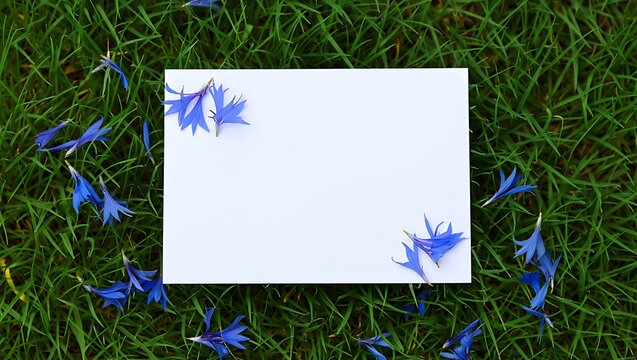 Blank white card in sunny green grass with daisies
