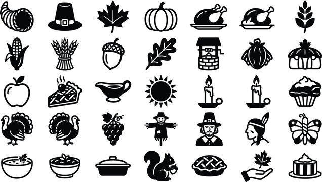 Collection of thanksgiving themed flat vector icons on a white background including cornucopias turkeys and pumpkins autumn celebration corn cornucopia cranberry