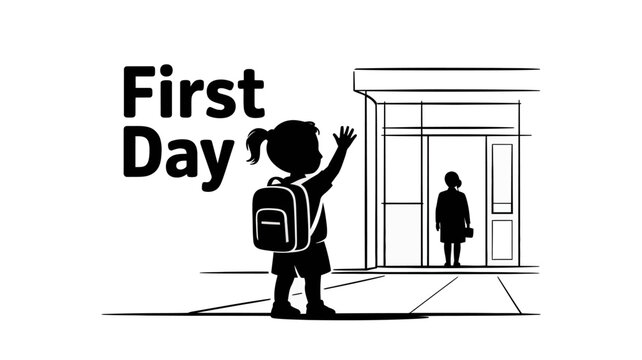 Little girl waving goodbye on her first day of school
